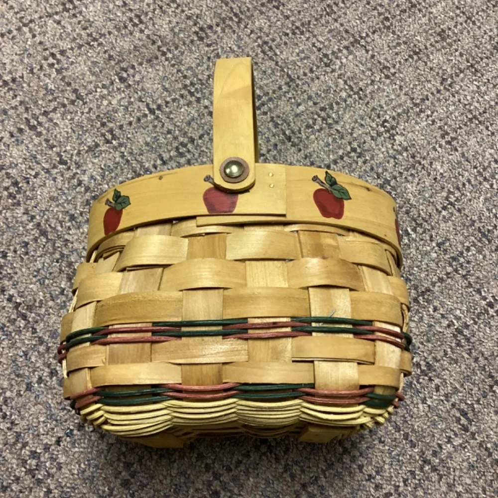 Handwoven Wooden Basket with Apple Design